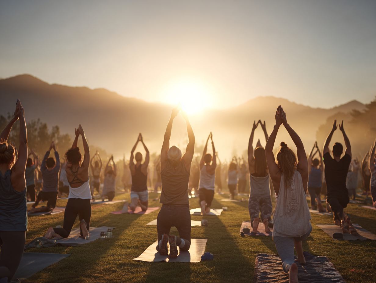Група людей різного віку виконує йогу на світанку